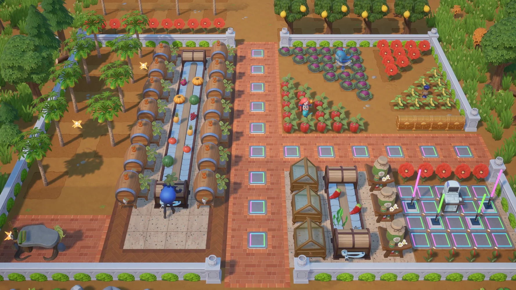 Organized Coral Island farm with crops and processing machines