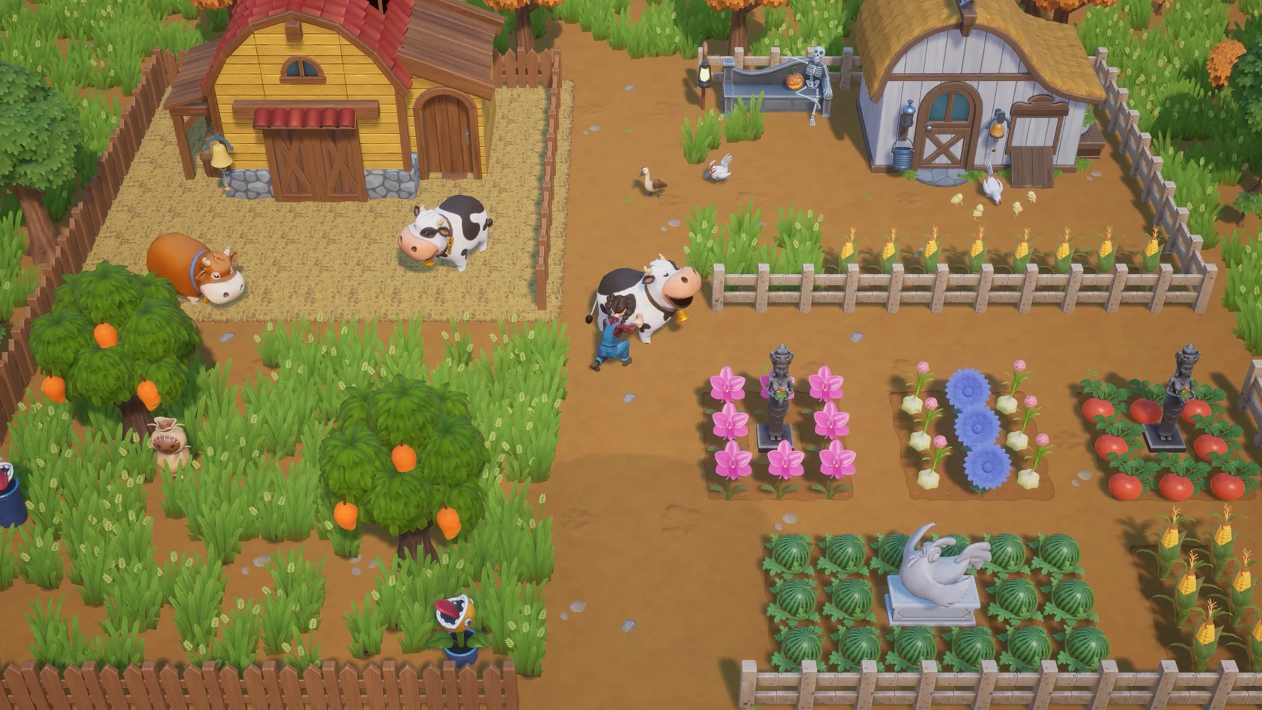 Coral Island farm with crops, cows, chickens and farm buildings